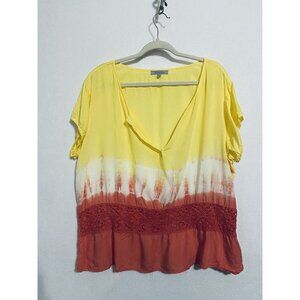 Solitaire Womens 2X Tie Dye Top Crochet Trim Yellow Orange Lightweight Boho